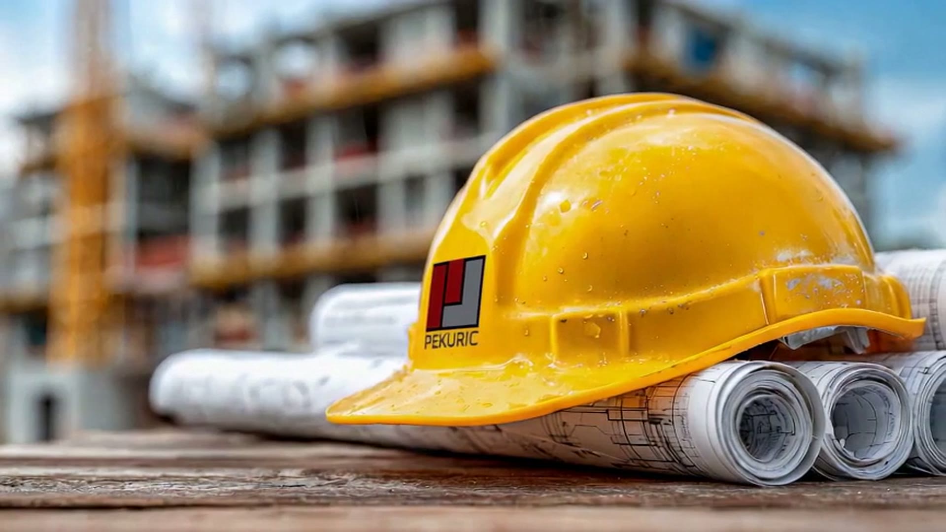 Yellow Pekuric safety helmet resting on rolled construction blueprints in front of a building under construction